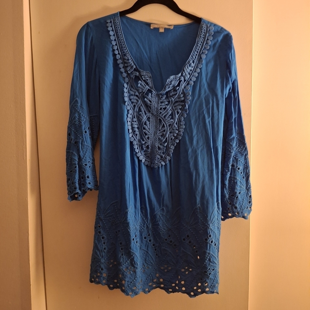 NY Collection Blue Embroidered Eyelet Women's Top